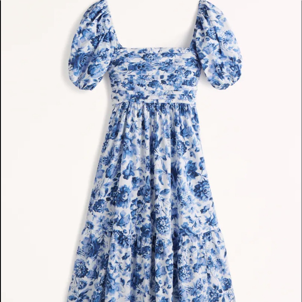 ABERCROMBIE Ruched Puff Sleeve Poplin Midi Dress